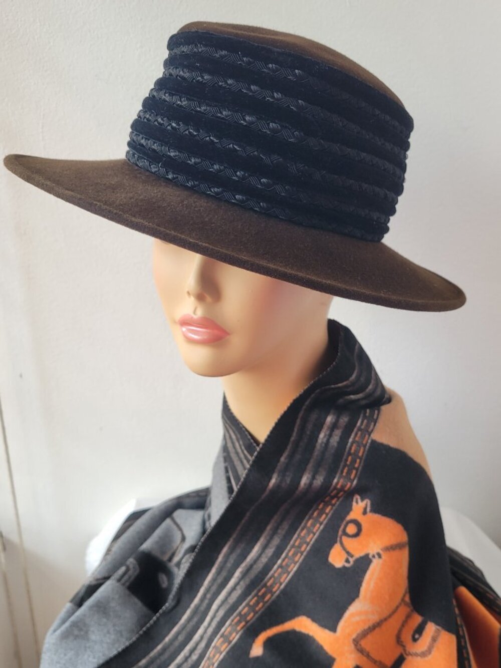 KOKIN NEW YORK —  Vintage Brown Wool Felt Hat Wide Brim Velvet Band Chin Cord